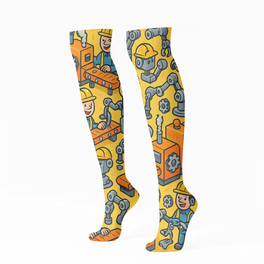 Factory Worker Comic Conveyor Carnival designer print knee-high socks