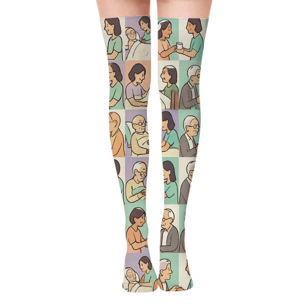 Elderly Care Worker Patchwork Hearts Grid unique graphic over-the-knee socks