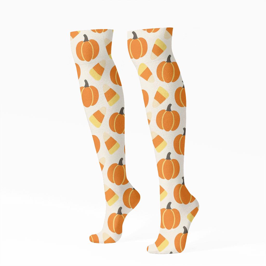 Candy Corn And Pumpkin Herringbone On White Background trendy patterned knee-high socks