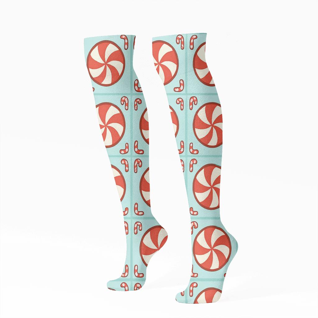 Peppermint Spiral Grid With Mini Candy Canes Corners premium sports knee-high socks