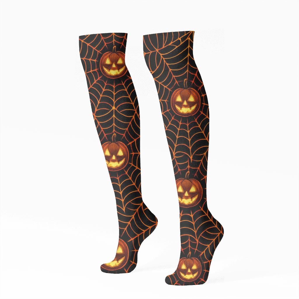 Webbed Pumpkin Starburst Tessellation On Black Background unique graphic knee-high socks