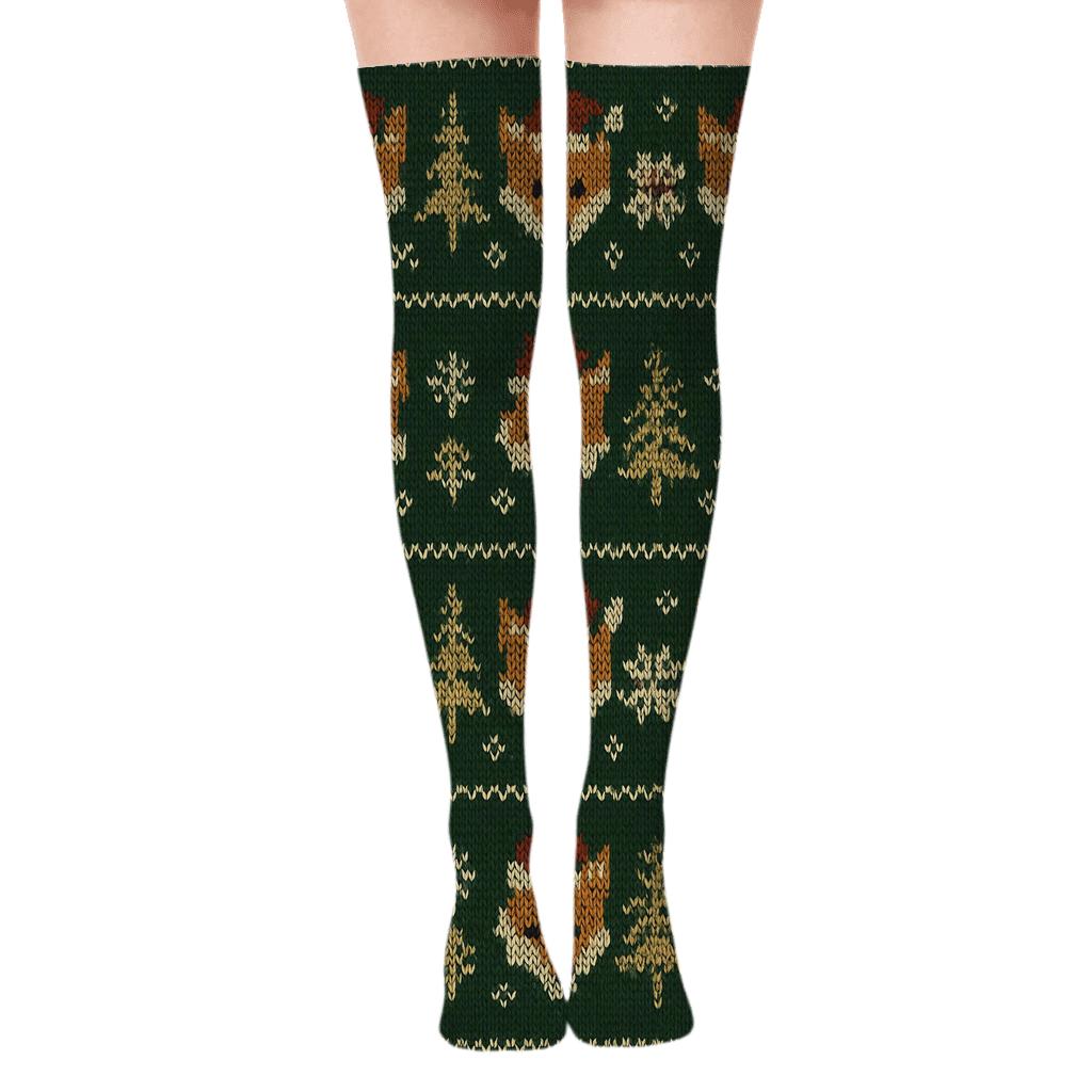 Fox In Fair Isle Christmas Forest unique graphic over-the-knee socks