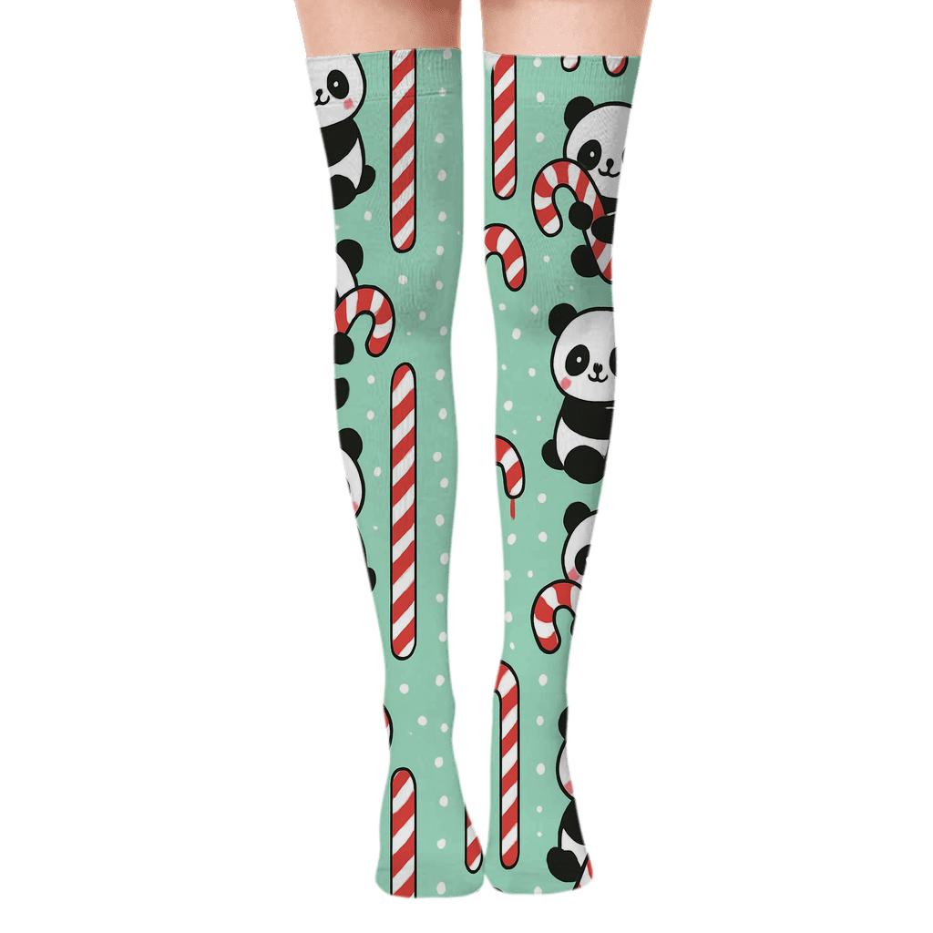 Panda Candy Cane Stripe Band designer print over-the-knee socks