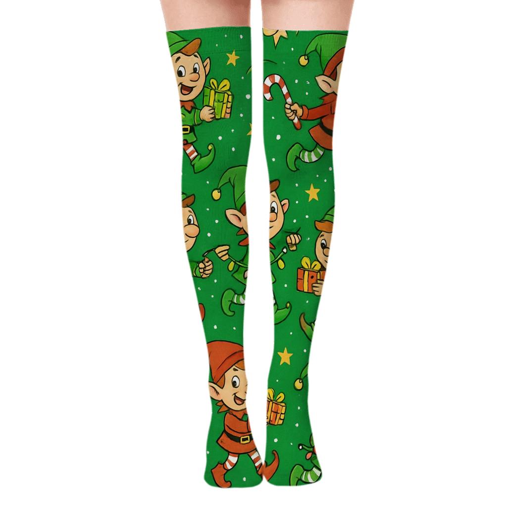 Elves In Diagonal Xmas Workshop Parade designer print over-the-knee socks