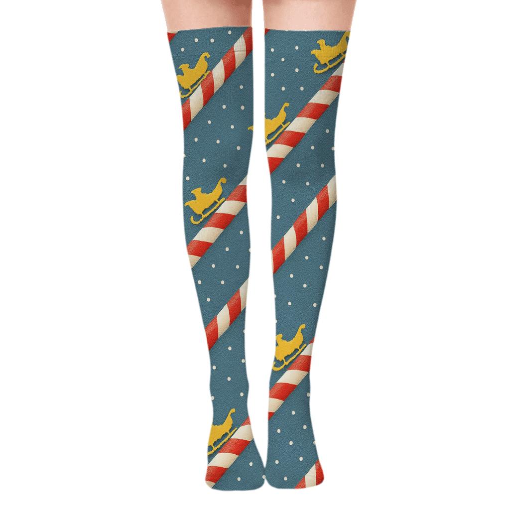 Striped Candy Sleigh Track Xmas Path soft everyday over-the-knee socks