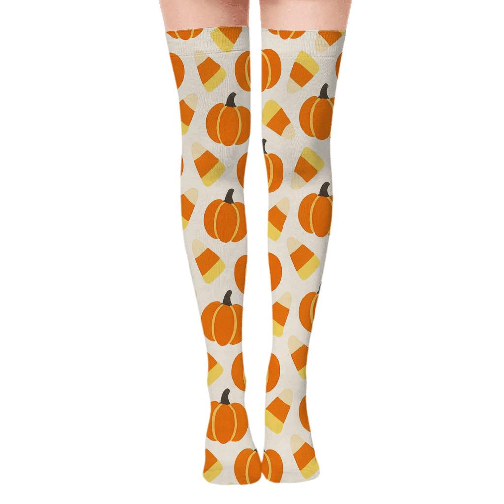 Candy Corn And Pumpkin Herringbone On White Background designer print over-the-knee socks