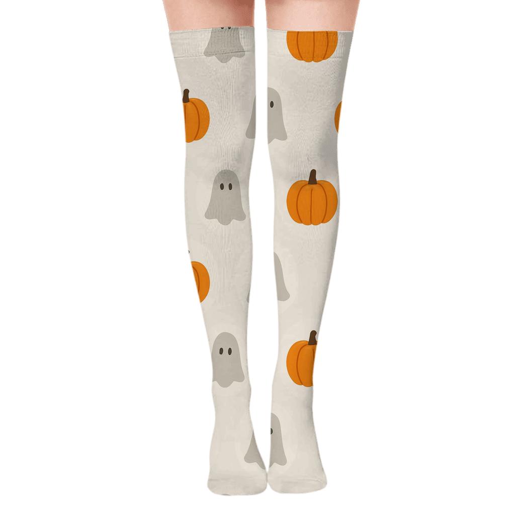 Ghost Silhouette And Pumpkin Polka Grid On Proper Background soft everyday over-the-knee socks
