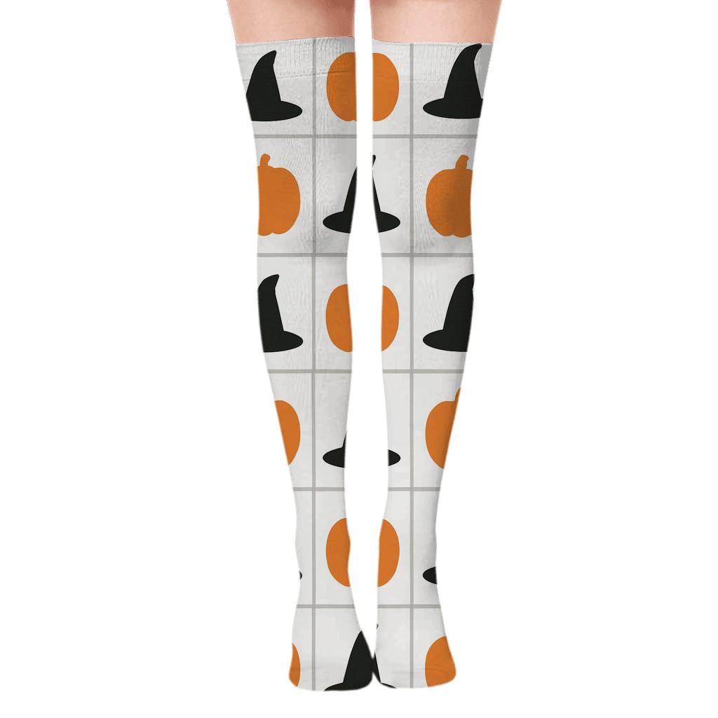 Pumpkin And Witch Hat Checkerboard On White Background personalized over-the-knee socks