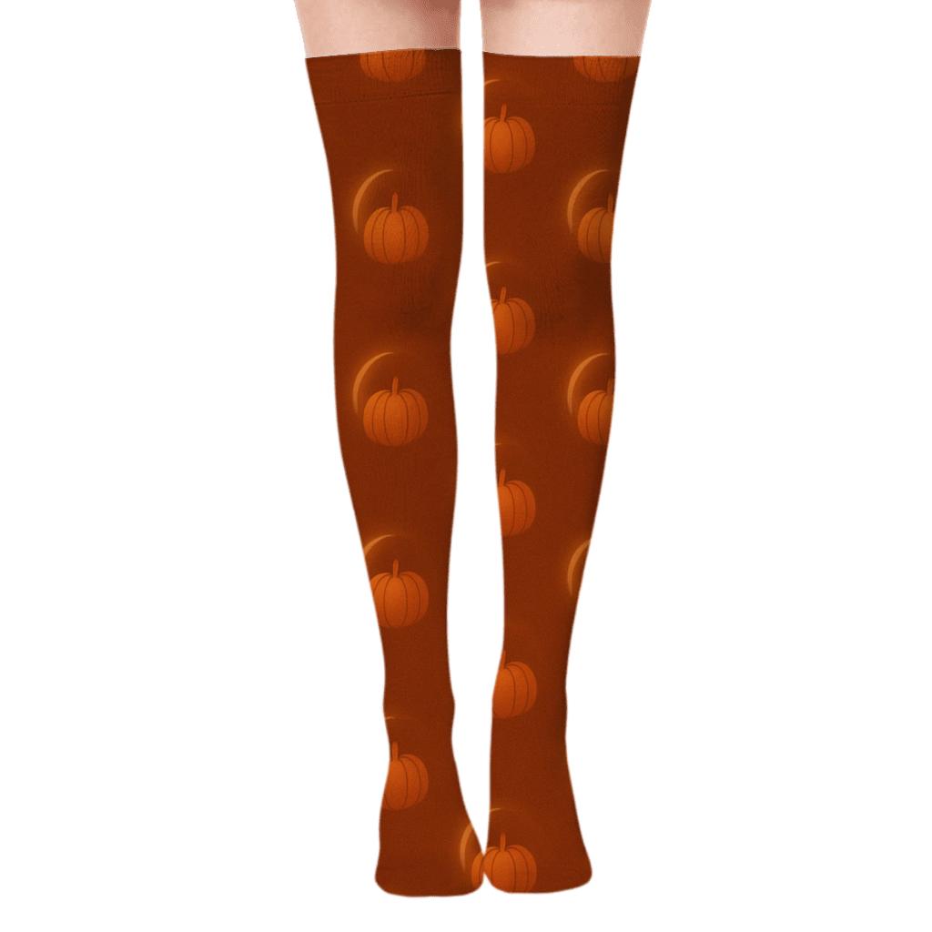 Crescent Moon Halo Pumpkins On Deep Orange Background unique graphic over-the-knee socks