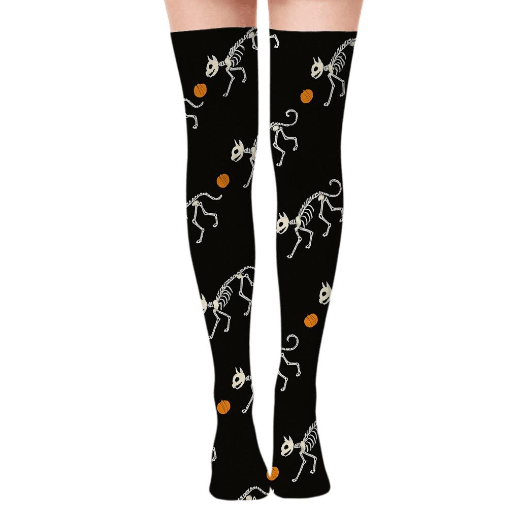 Skeleton Cat And Tiny Pumpkin Diagonal Trail On Black Background designer print over-the-knee socks