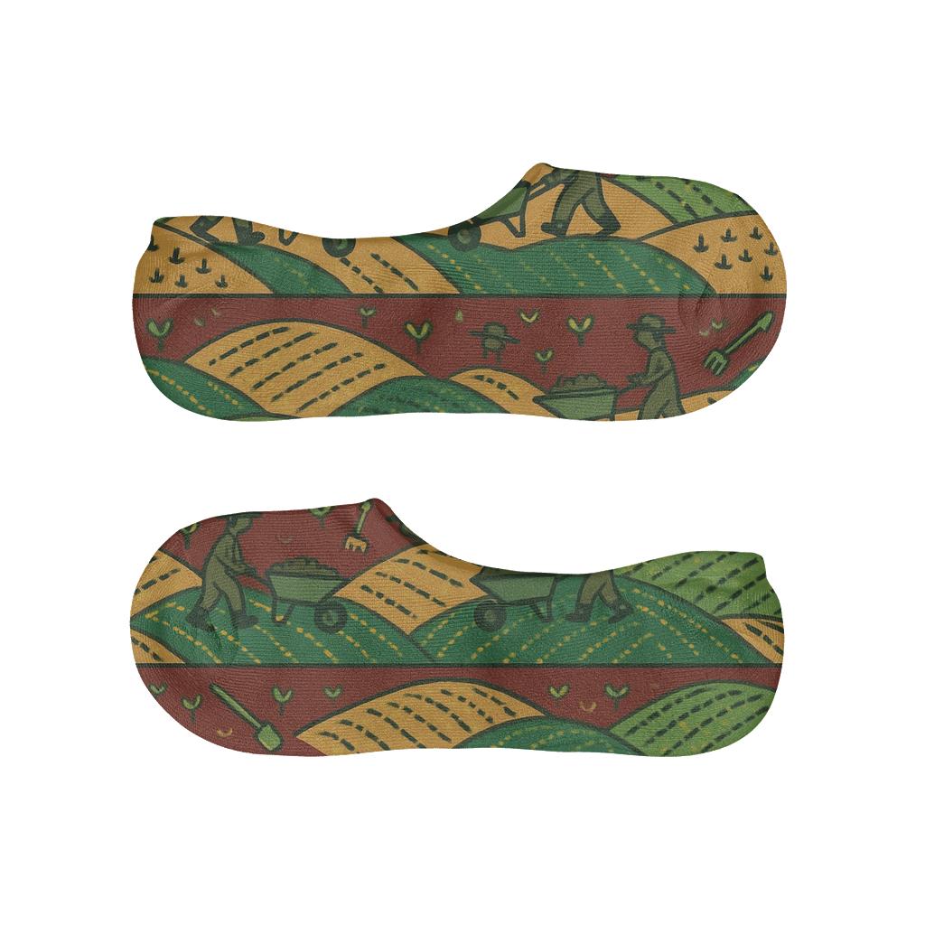 Rolling Hills With Farmer Silhouette Bands designer printed no-show socks