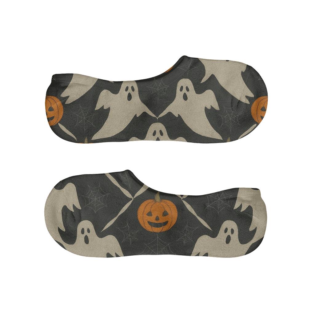 Ghost Silhouette Lattice With Orange Pumpkins On Black Background breathable seamless no-show sockscustom no-show socks