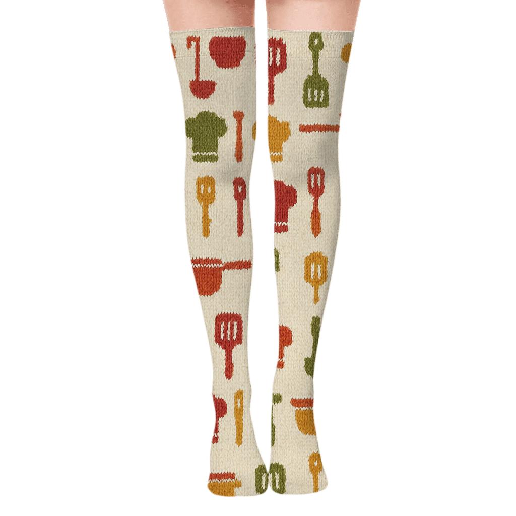 Cook Pantry Grid In Cream Kitchen trendy patterned over-the-knee socks
