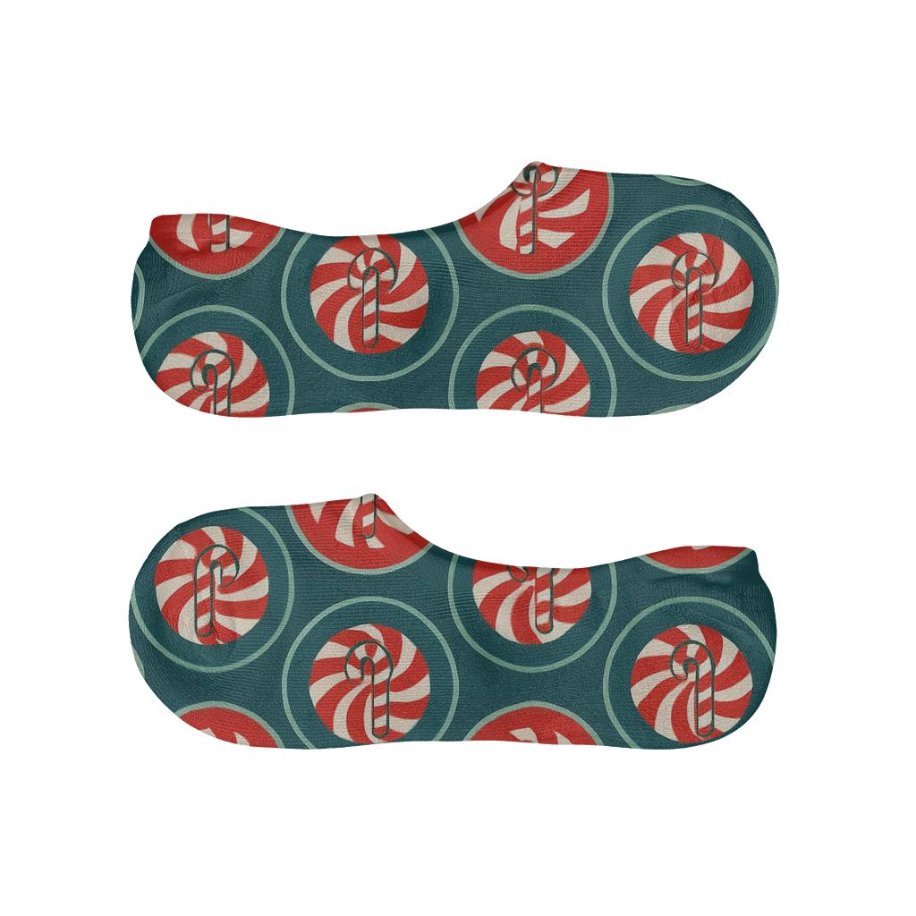 Peppermint Spiral Grid With Haloed Candy Canes Icons designer printed no-show socks