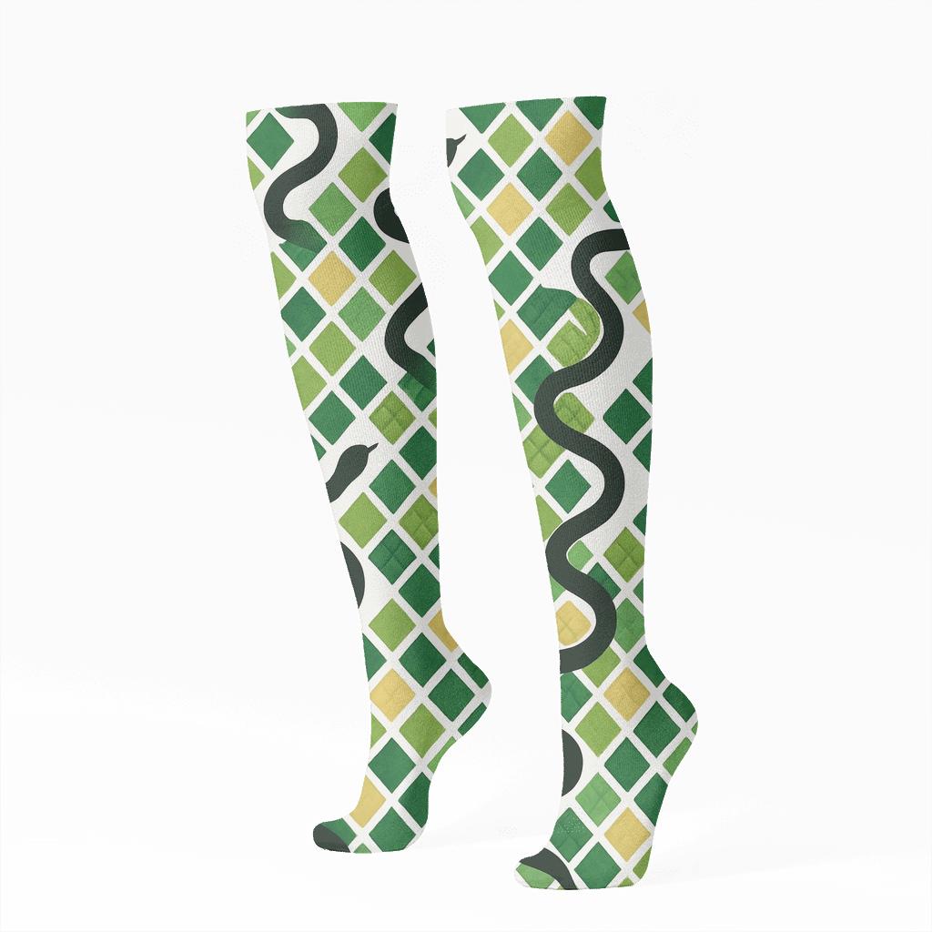 Emerald Scales With Snake Silhouettes Mosaic unique graphic knee-high socks