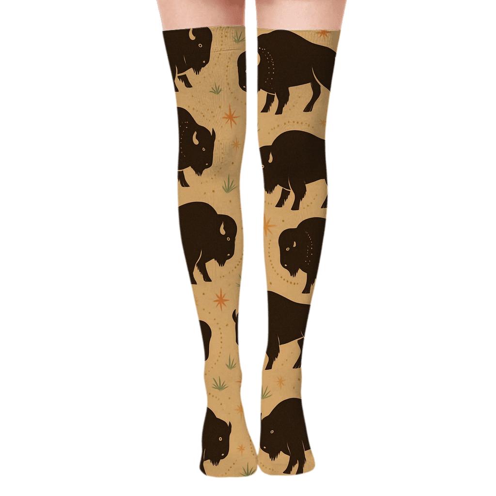 Prairie Constellation Pattern With Bison Silhouettes stylish fashion over-the-knee socks