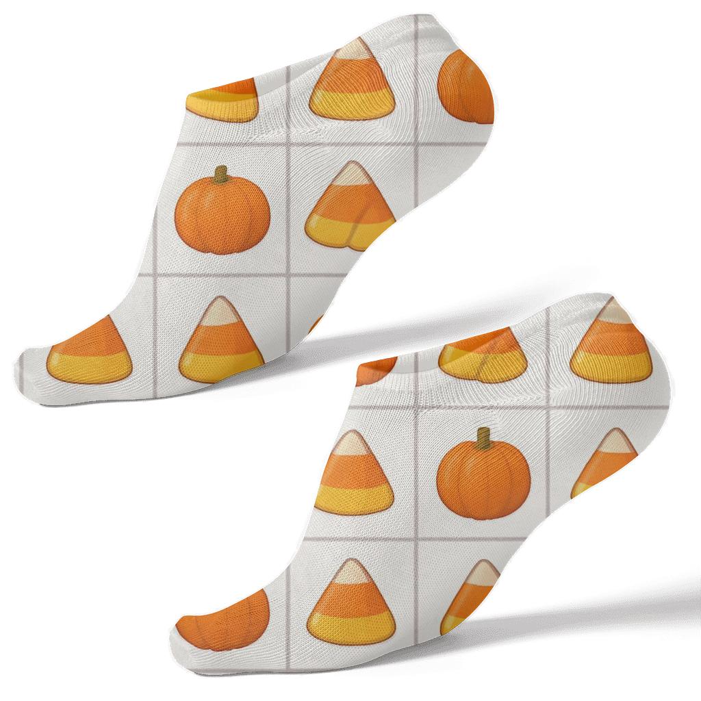 Candy Corn And Pumpkin Checkboard On White Background personalized ankle socks