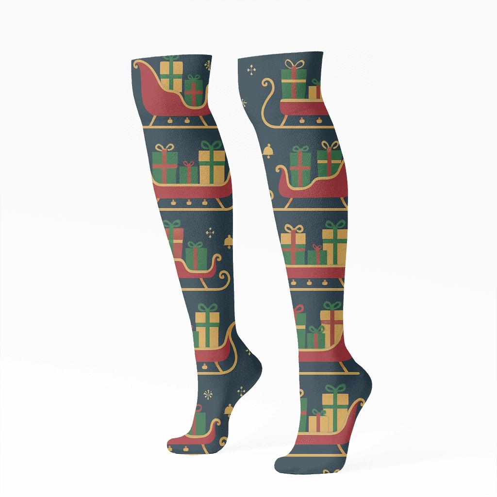 Midnight Parade Sleigh Silhouette Grid stylish athletic knee-high socks
