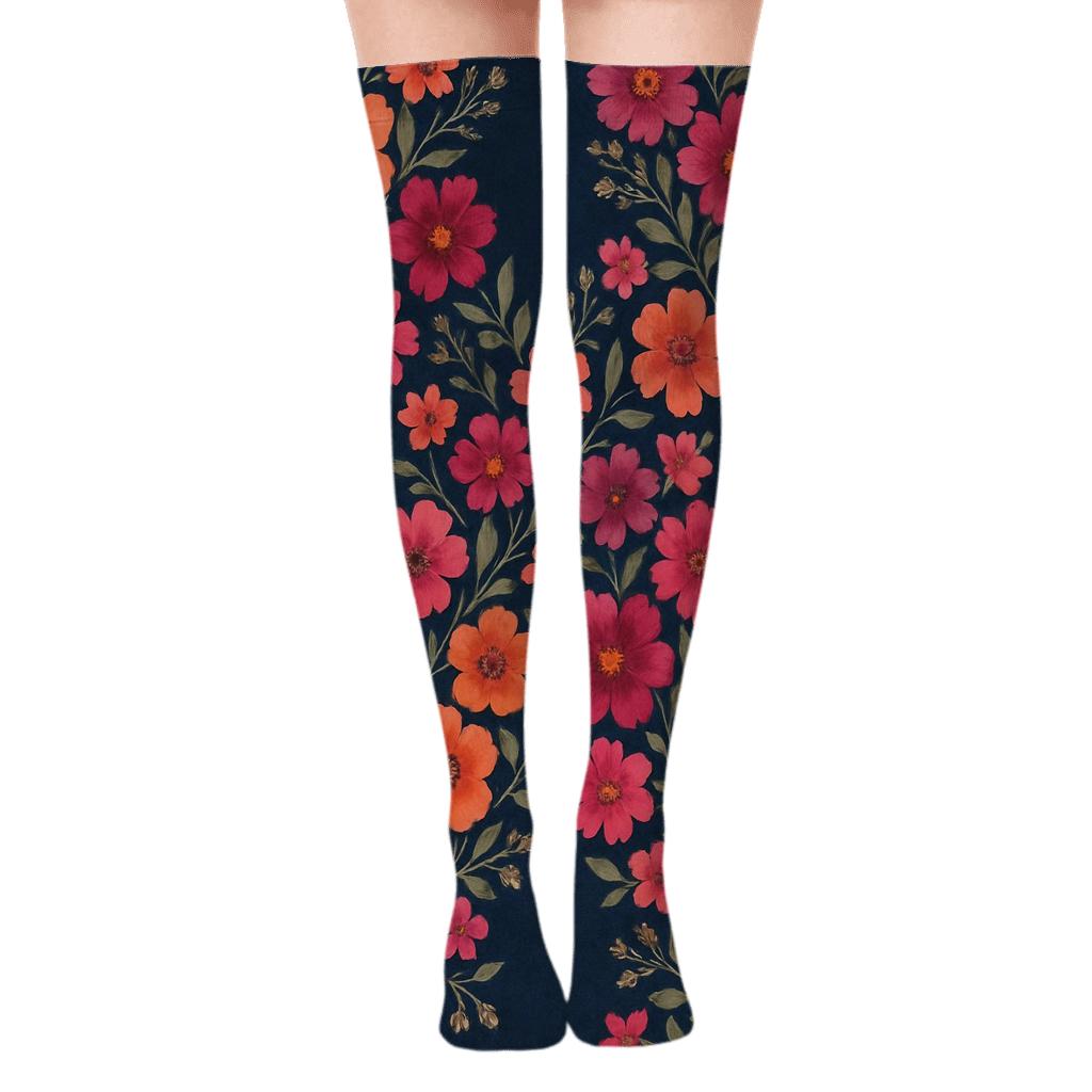 Sunset Wildflower Lattice On Deep Night Garden trendy patterned over-the-knee socks