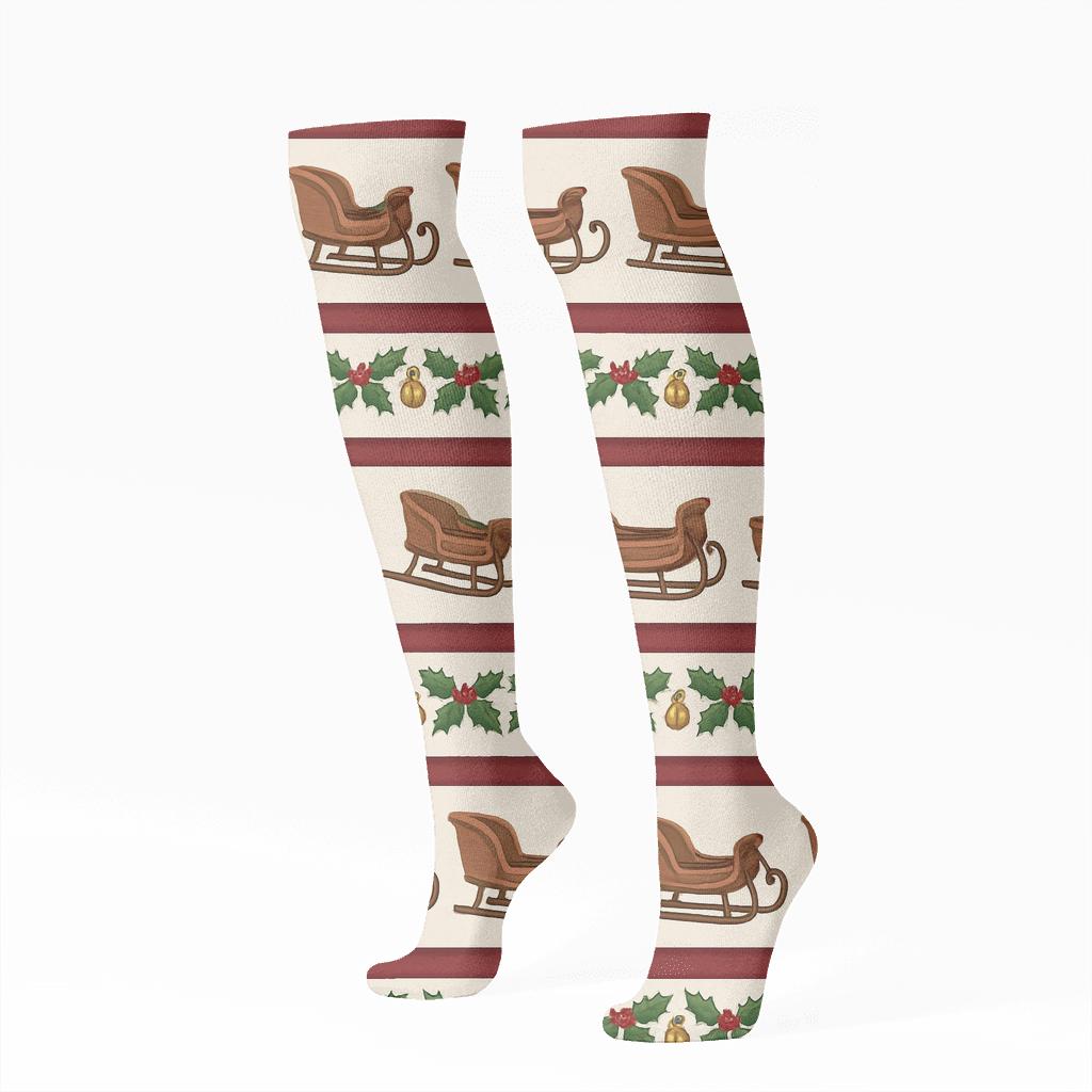 Holly Garland With Vintage Sleigh Band Pattern soft everyday knee-high socks