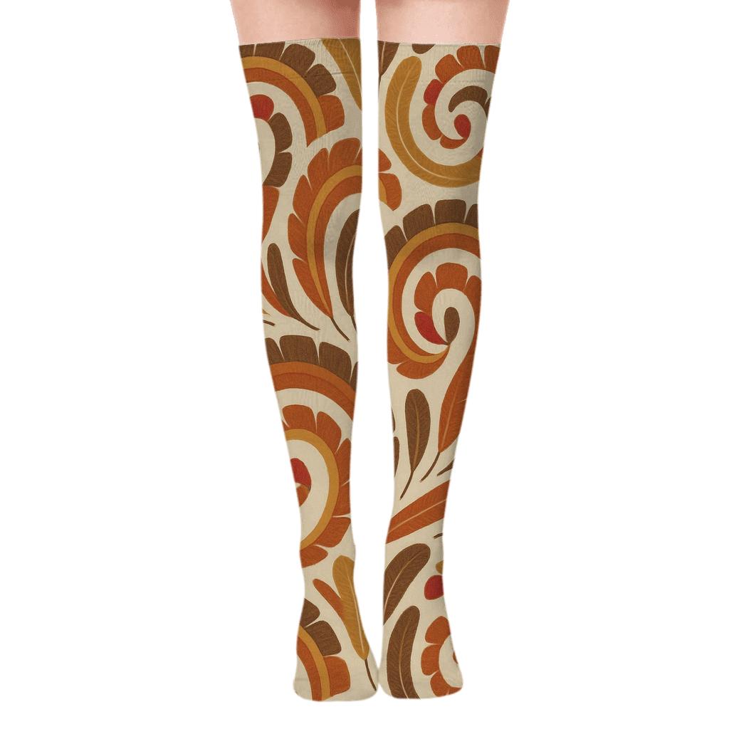 Feather Ring Dance Pattern With Turkey designer print over-the-knee socks
