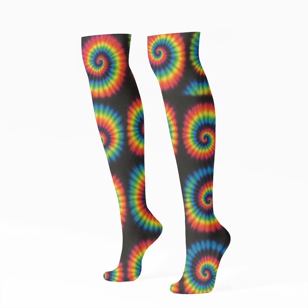 Neon Spiral Whorl Tile Grid On Deep Black comfortable cotton knee-high socks