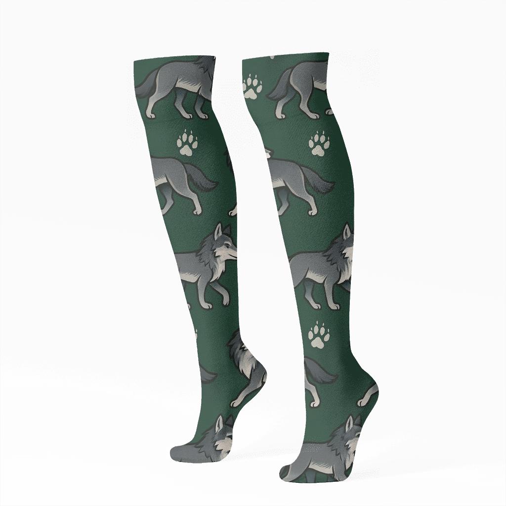Gray Wolf Moonlit Paw Trail Lattice soft everyday knee-high socks