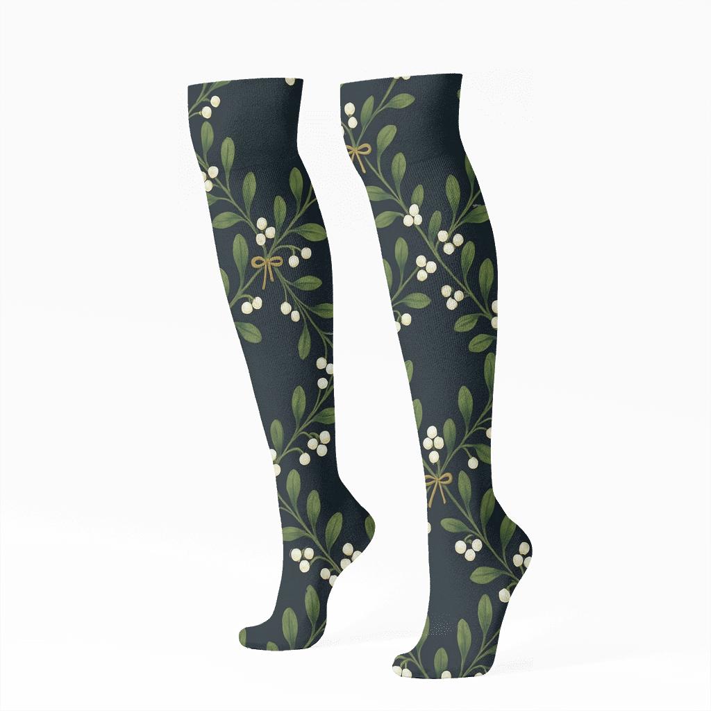 Mistletoe Garland Lattice On Midnight Sky trendy patterned knee-high socks