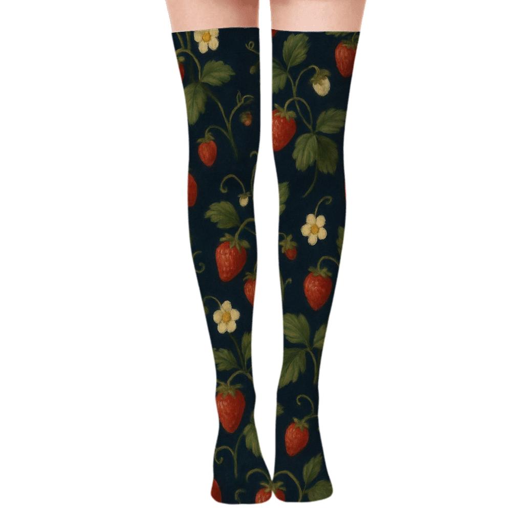 Midnight Strawberry Meadow Scatter designer print over-the-knee socks