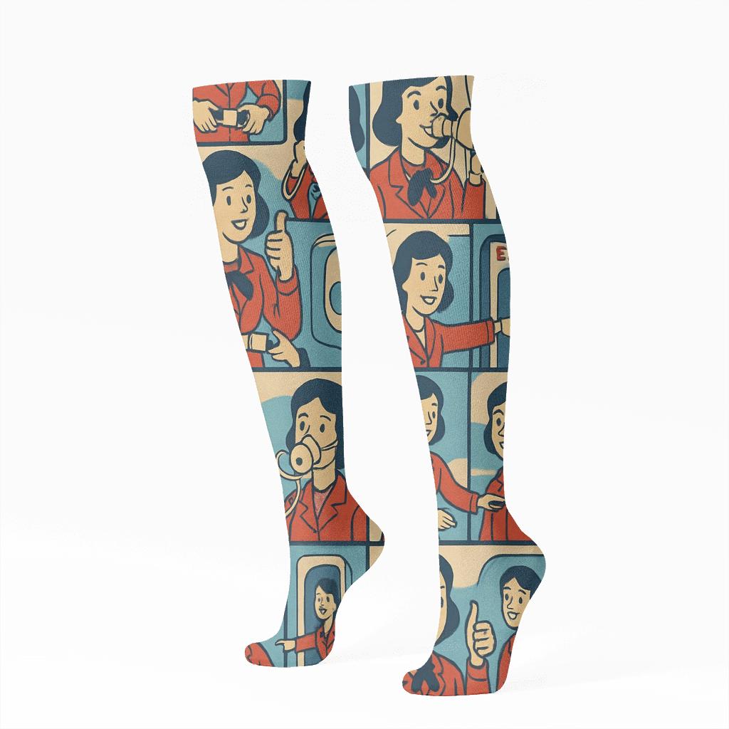 Flight Attendant Retro Safety Card Tiling stylish athletic knee-high socks