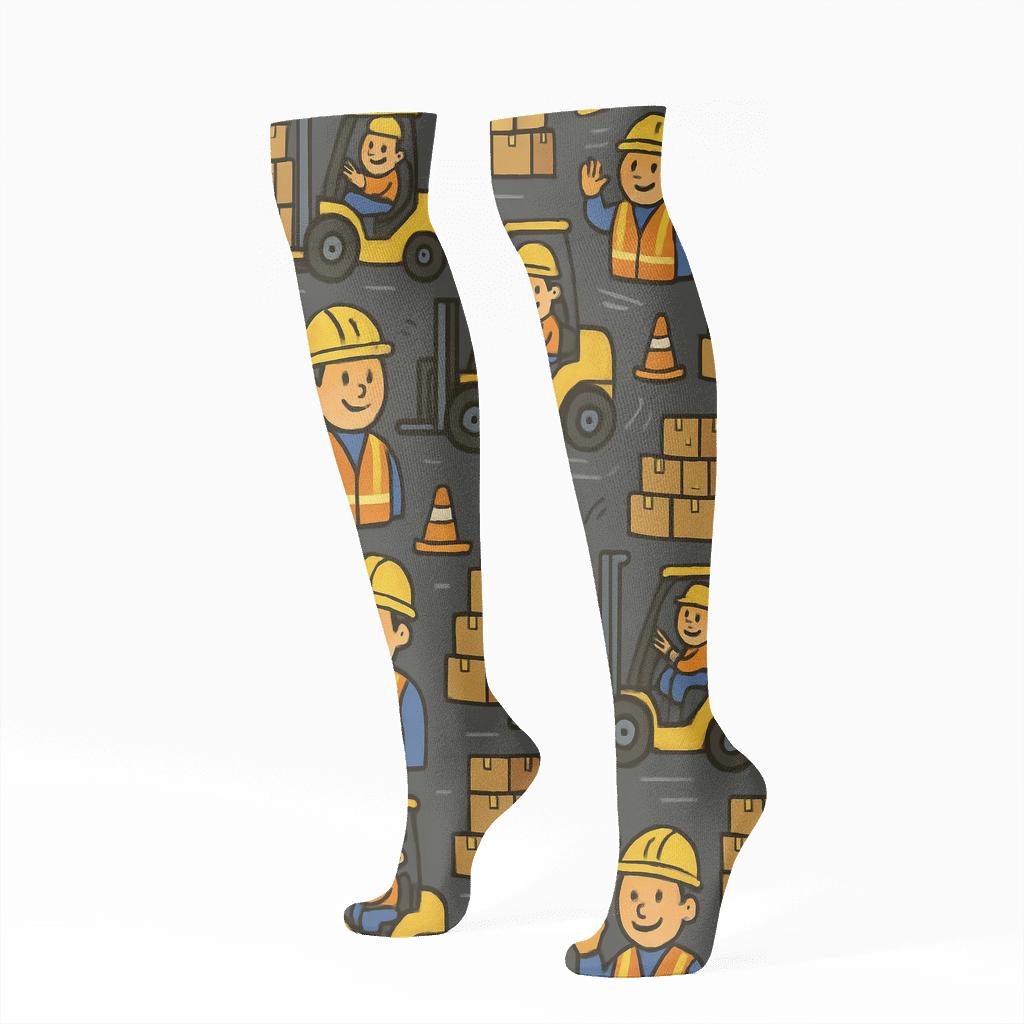 Forklift Parade With Warehouse Worker Characters stylish athletic knee-high socks