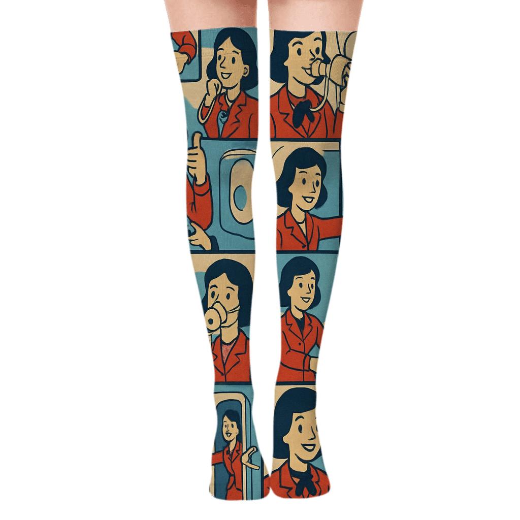 Flight Attendant Retro Safety Card Tiling unique graphic over-the-knee socks