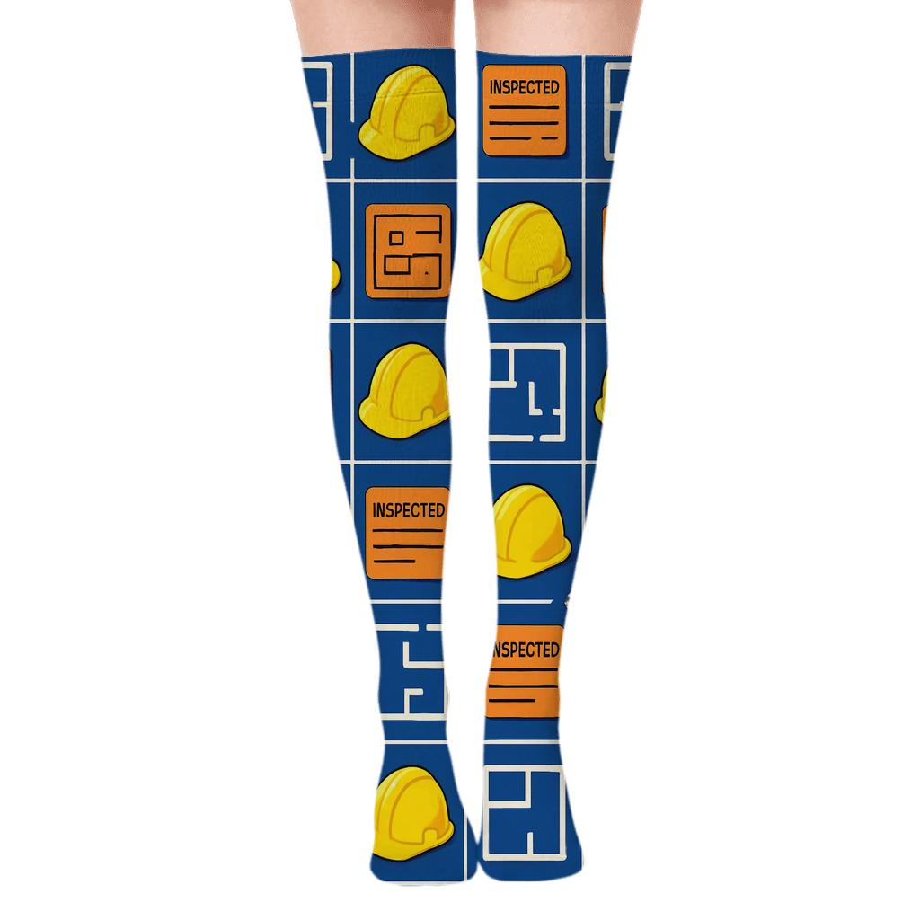 Building Inspector Blueprint Grid Collage stylish fashion over-the-knee socks