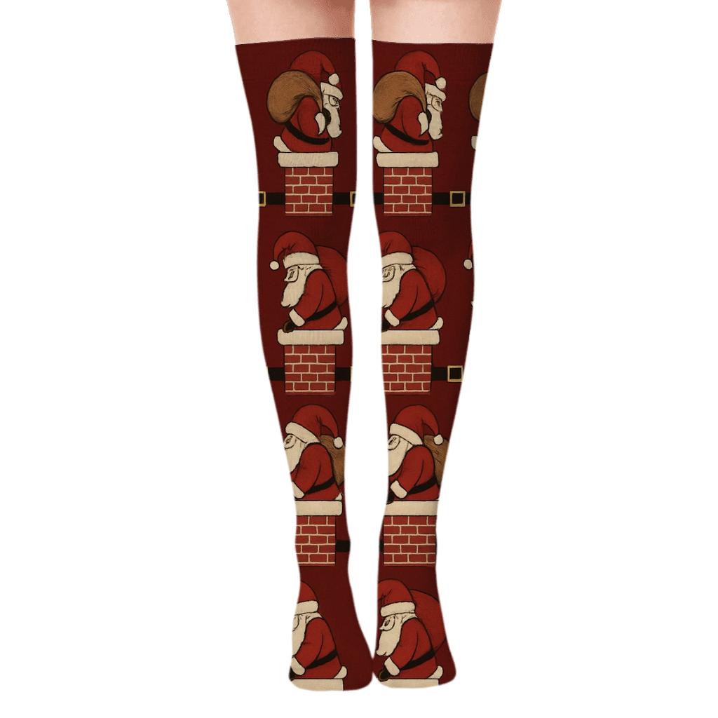Grid Of Jolly Santa Chimney Escapes comfortable cotton over-the-knee socks