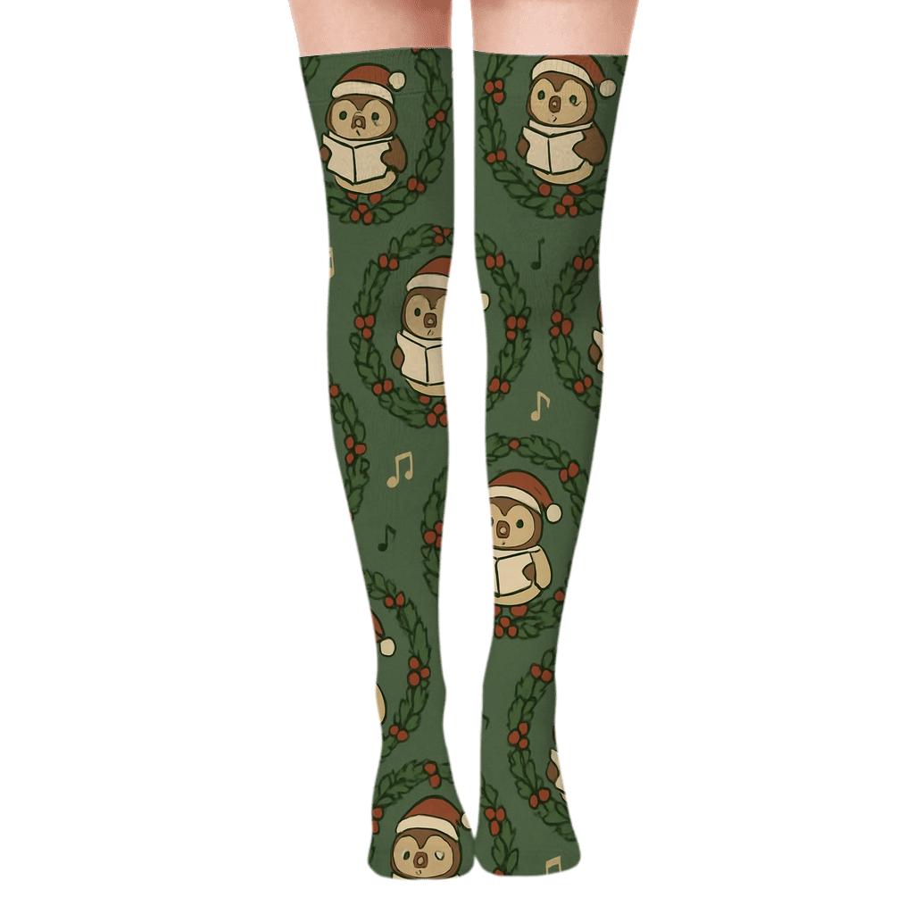 Owl Caroler Wreath Circles premium cozy over-the-knee socks