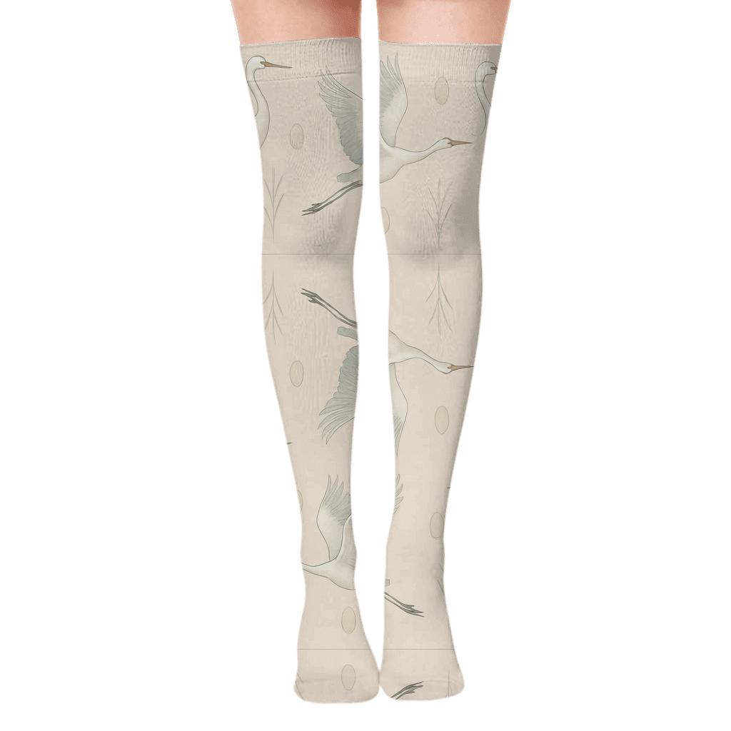Crane Celestial Reflection Mirror On Pale Sand custom over-the-knee socks