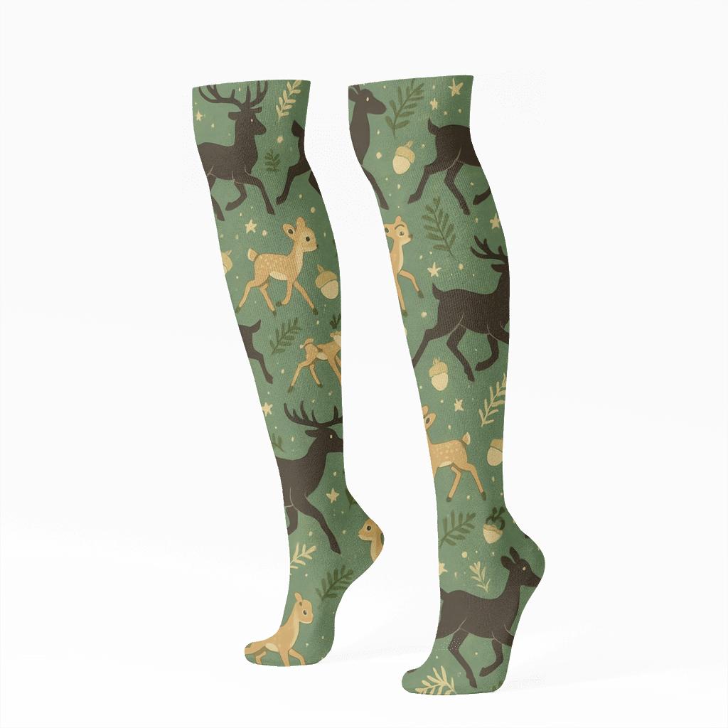 Starlit Meadow Mosaic With Deer Silhouettes designer print knee-high socks