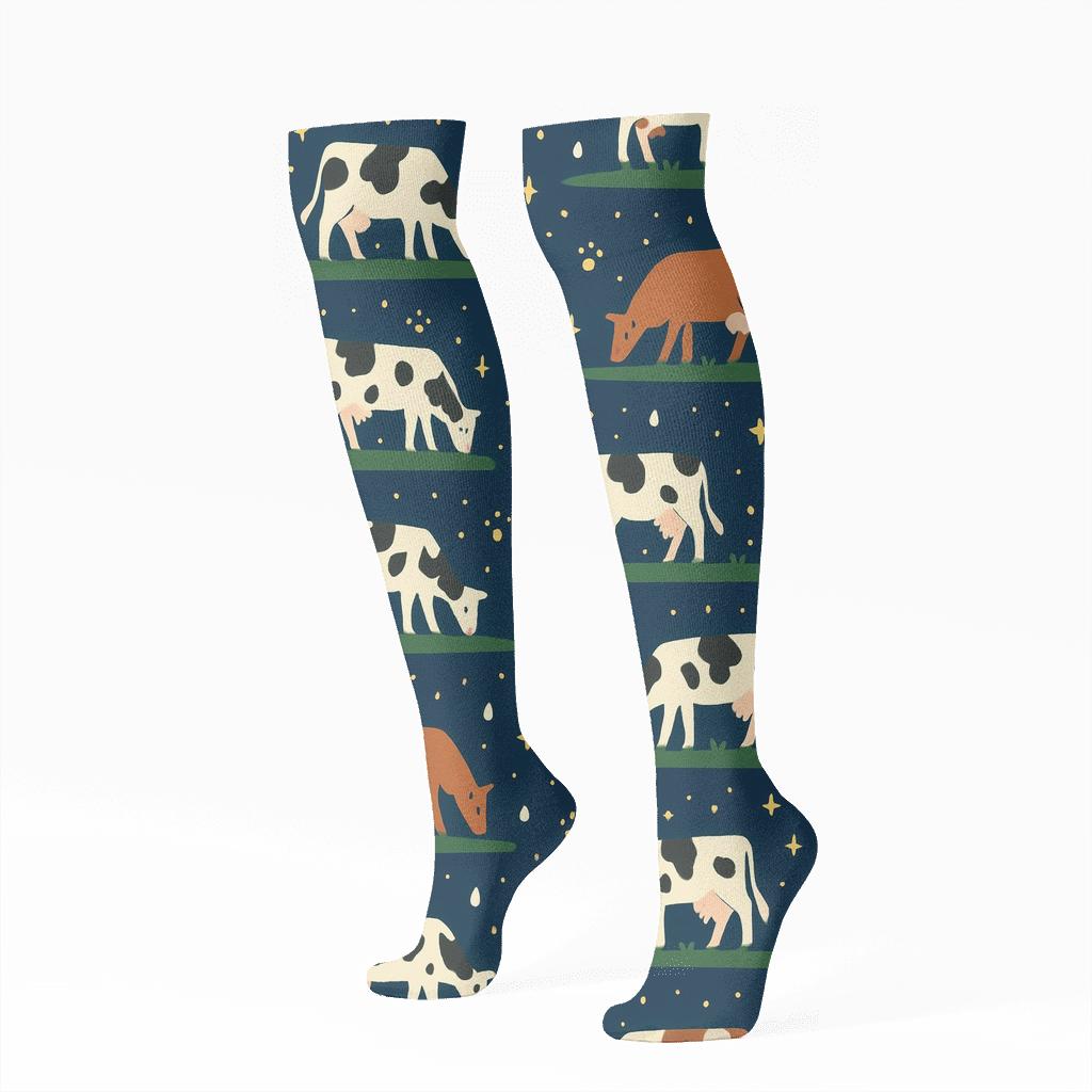 Celestial Grazing Field Pattern Cow premium sports knee-high socks