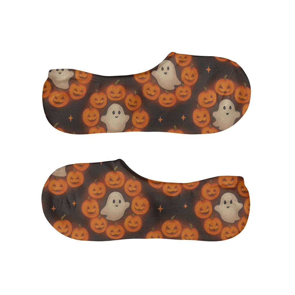 Ghost Halo Pumpkins On Black Background comfortable invisible socks