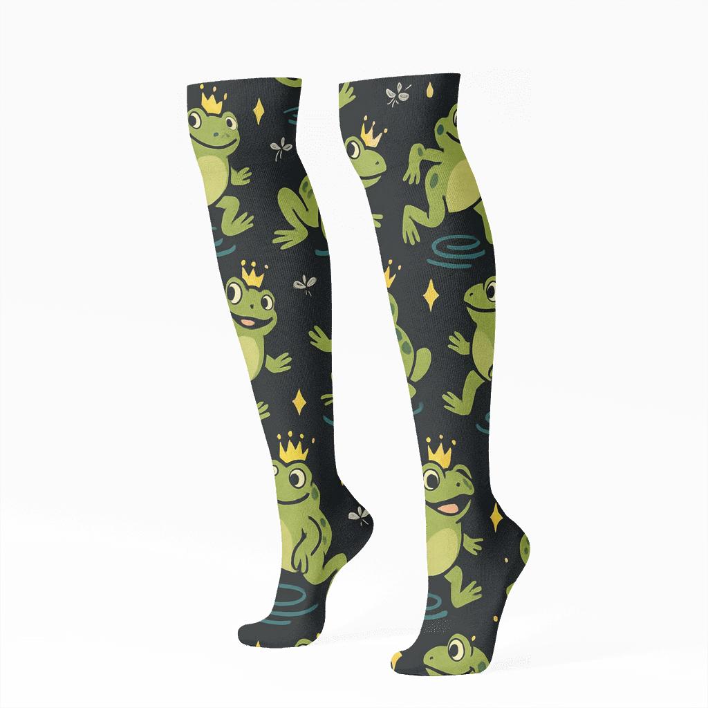Celestial Pond Parade With Frog Crowns designer print knee-high socks
