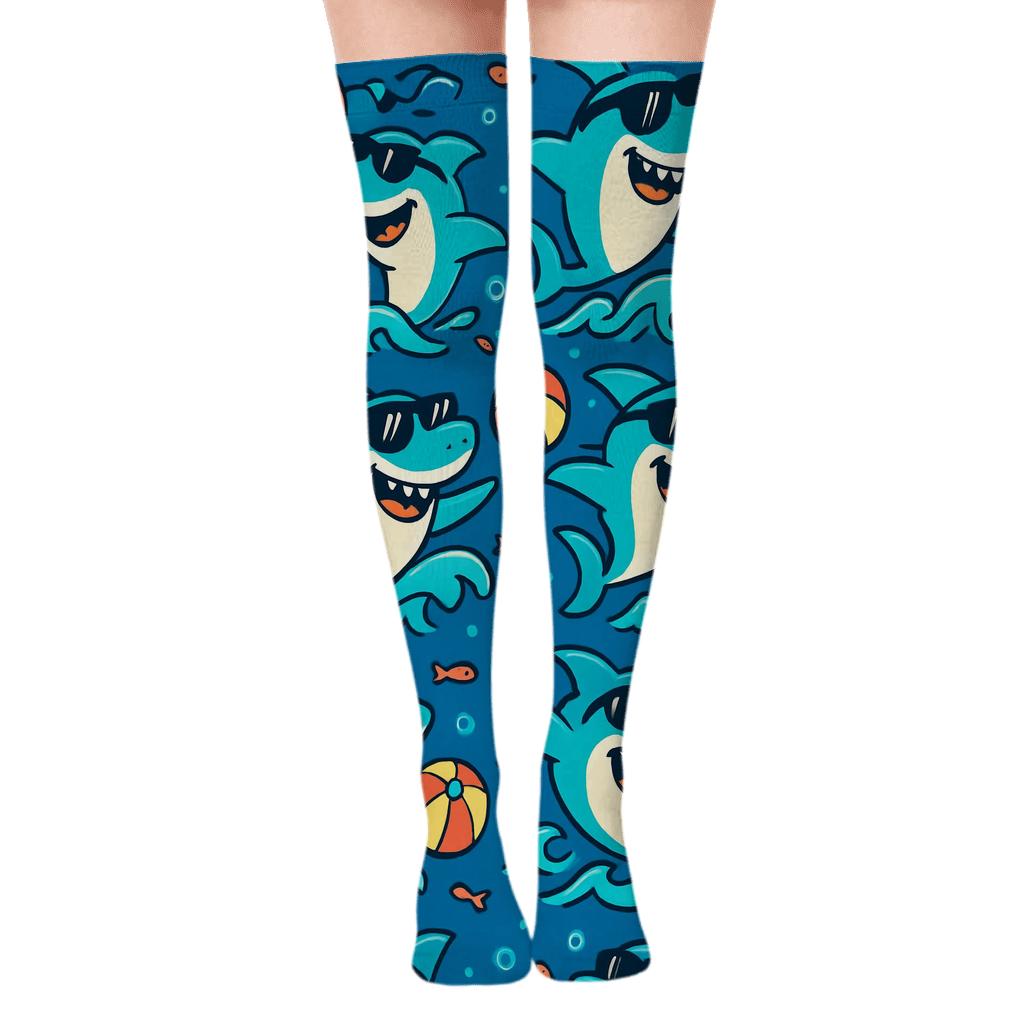 Neon Tides With Shark Party Motifs comfortable cotton over-the-knee socks