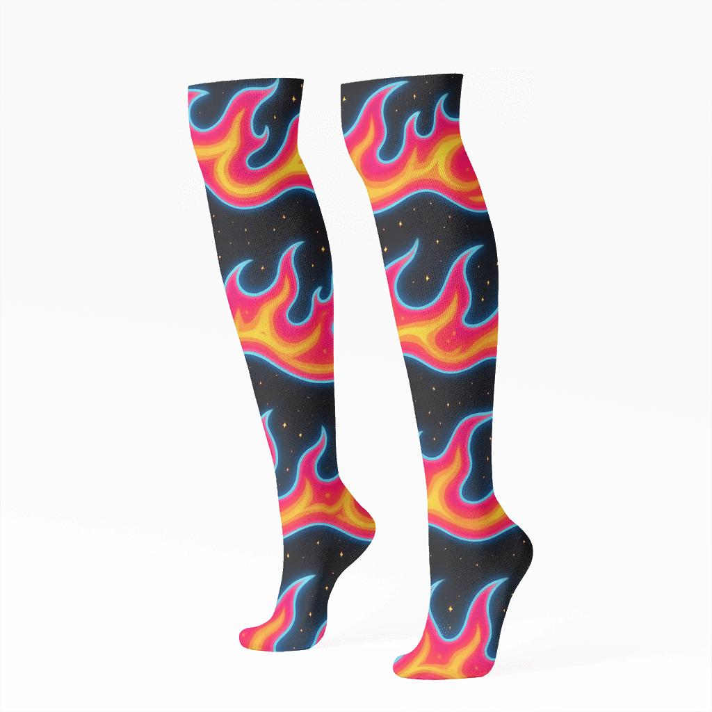 Neon Flame Wave Band Repeat designer print knee-high socks