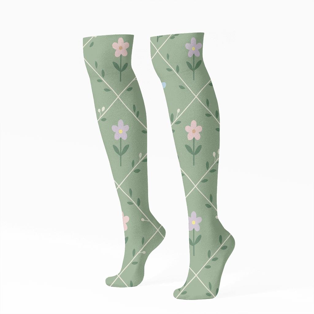 Wildflower Lattice Meadow On Soft Sage personalized knee-high socks