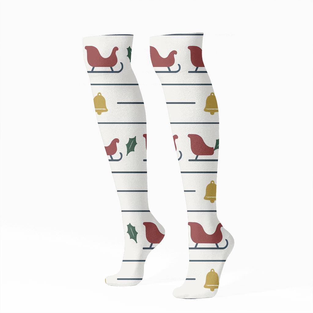 Crimson Bells With Sleigh Motif Bands soft everyday knee-high socks