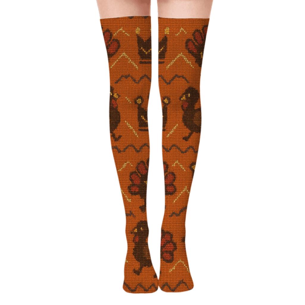 Harvest Garland With Dancing Turkey Crowns designer print over-the-knee socks