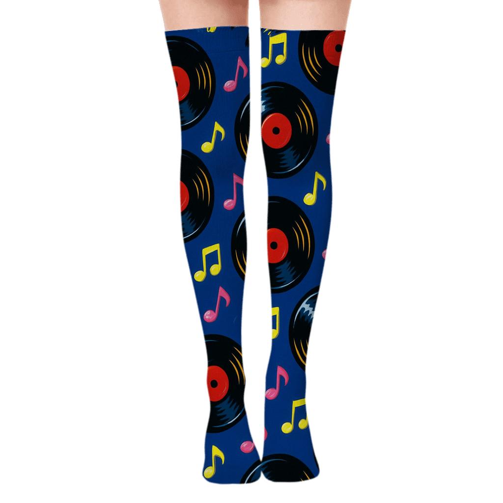 Cascade Of Vinyl Records With Musician Echo Notes premium cozy over-the-knee socks