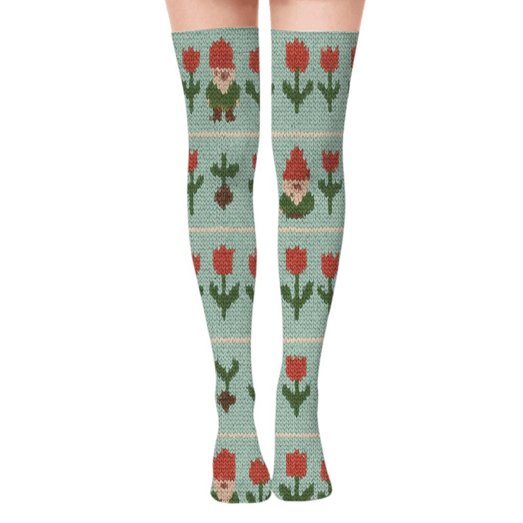 Gardener-Themed Blooming Gnome Mosaic premium cozy over-the-knee socks