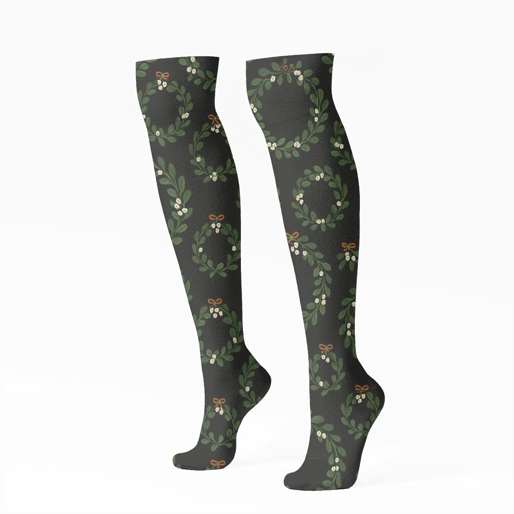 Wreath Rings With Mistletoe Orbits unique graphic knee-high socks