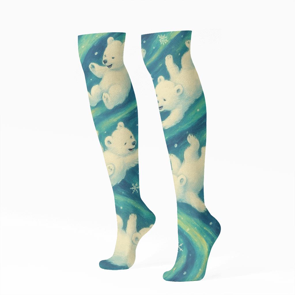Aurora Drift Pattern Polar Bear stylish athletic knee-high socks