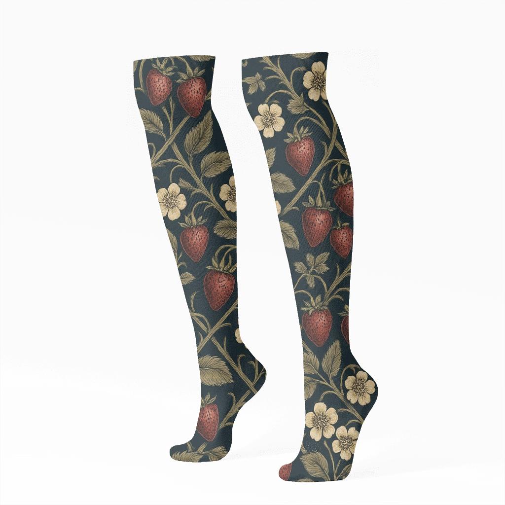 Midnight Botanical Strawberry Tapestry comfortable cotton knee-high socks